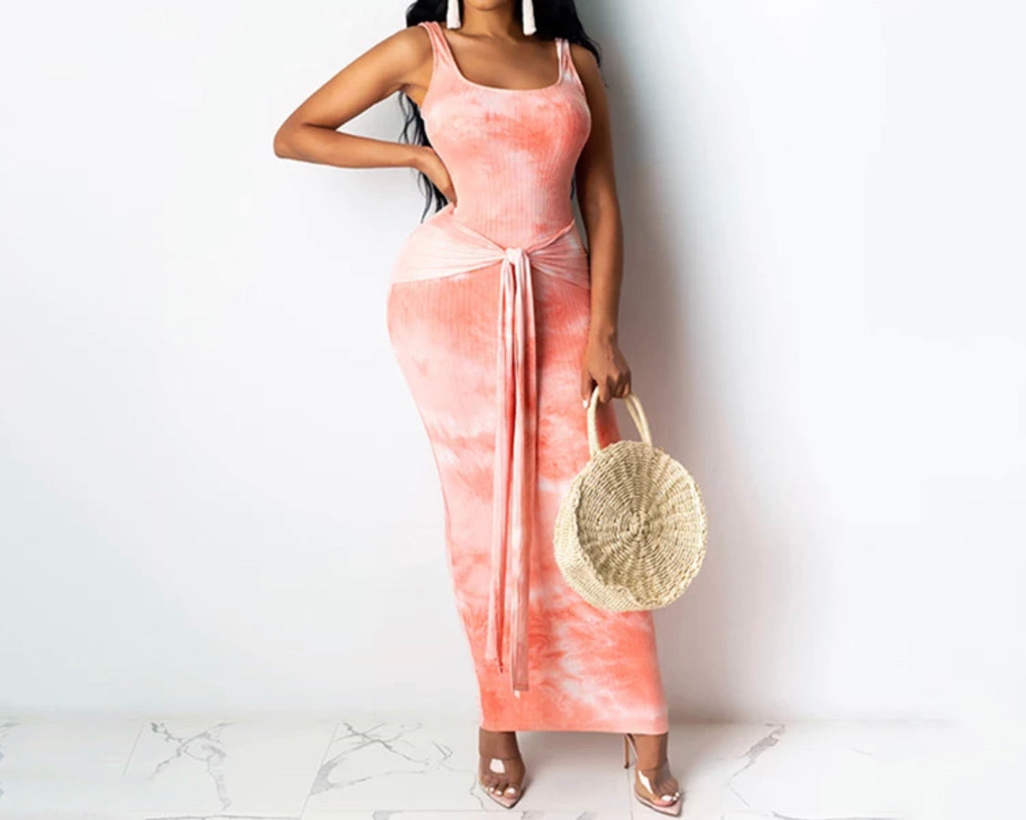 Tie Dye White Orange Curve Hugging Dress Shop of Glam
